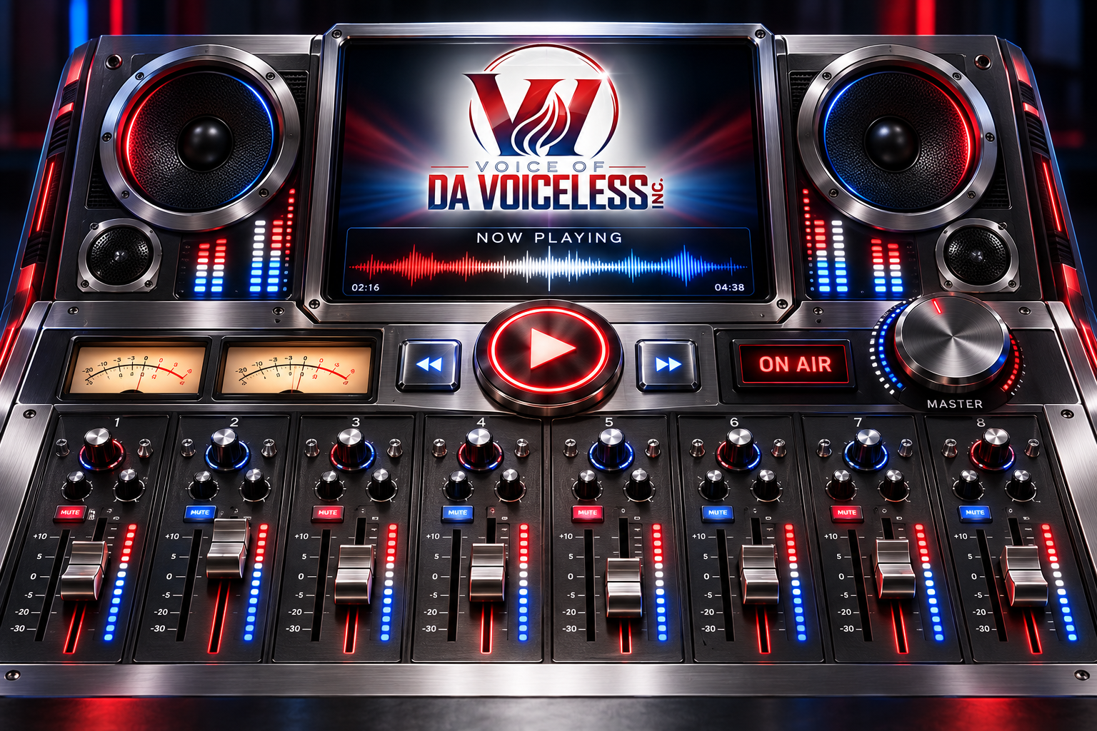 VODV metallic red and blue radio mixing console