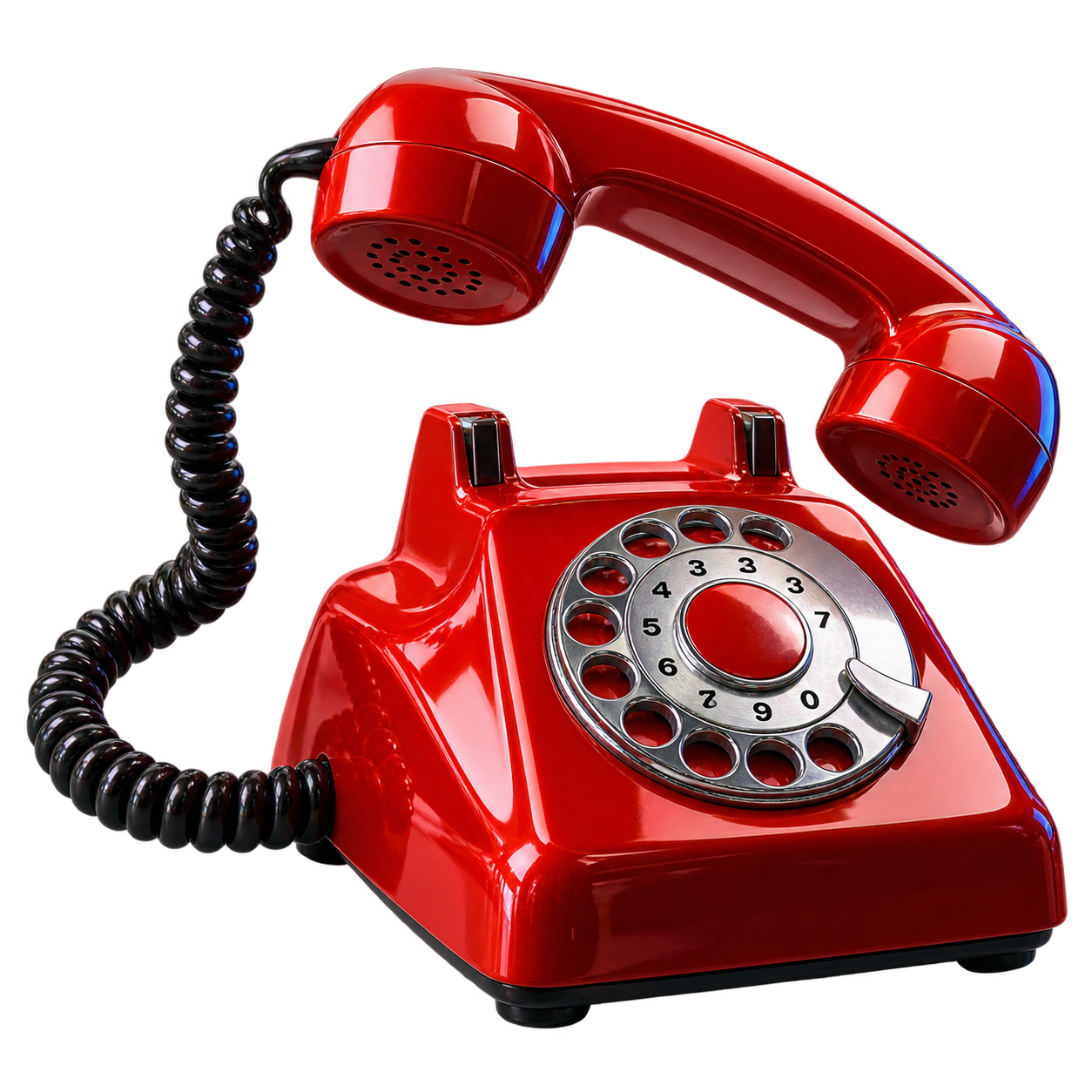 A glossy red telephone with its handset lifted