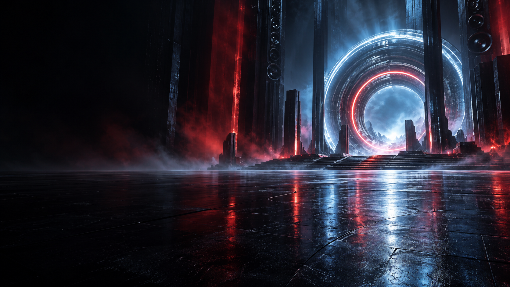An immense red and blue sound portal inside a cinematic VODV sound stage